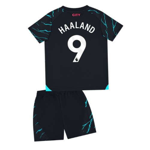 Fotbalové Dres Manchester City Erling Haaland #9 Dětské Alternativní 2023-24 Krátký Rukáv (+ trenýrky)